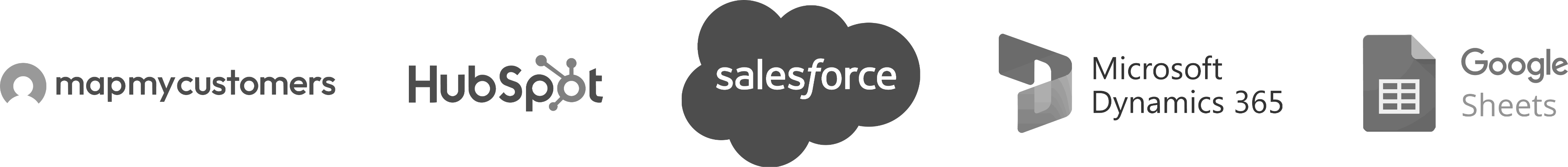 Map My Customers, HubSpot, Salesforce, Microsoft Dynamics 365, and Google Sheets.