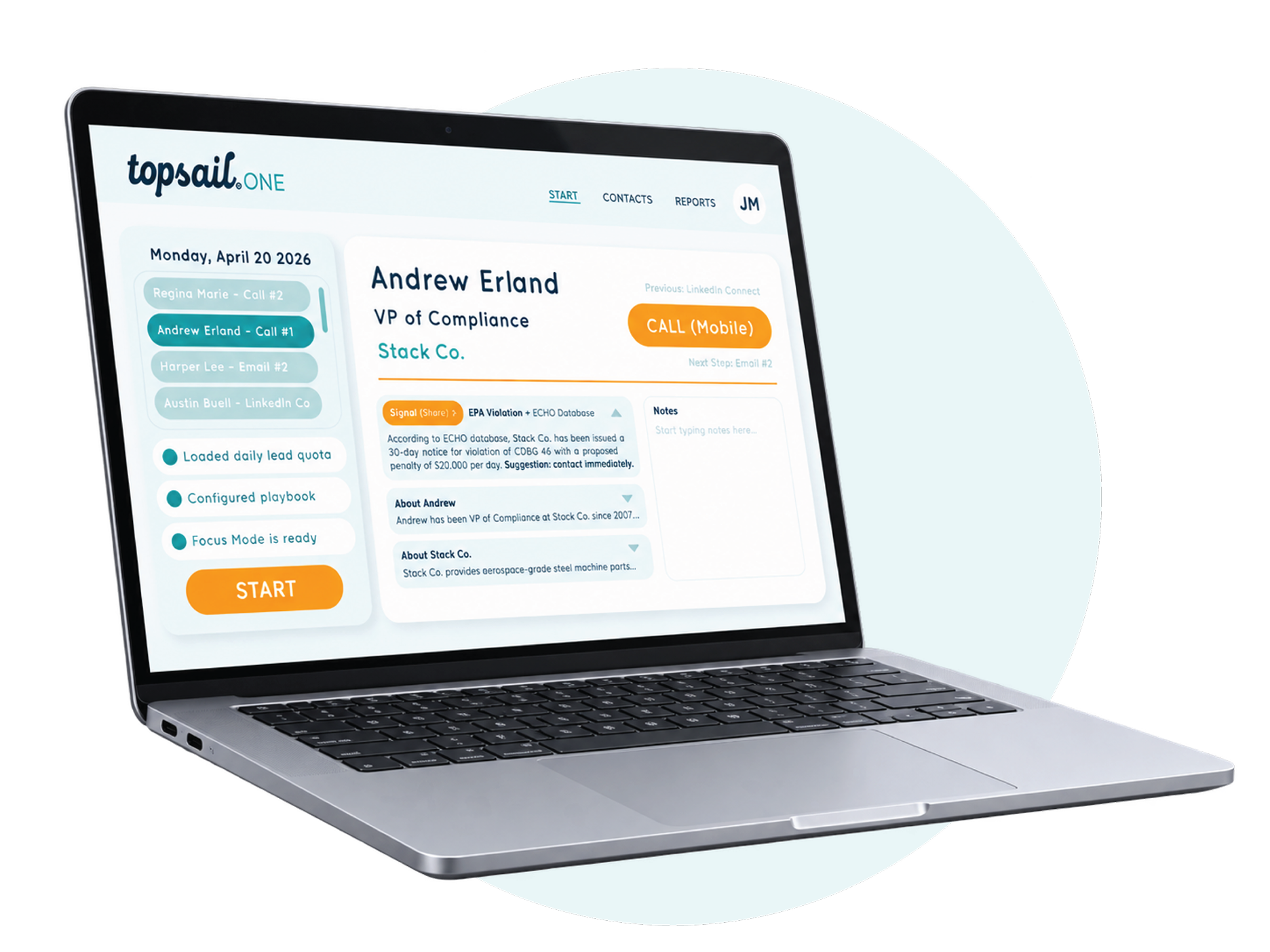 Topsail ONE displayed on a laptop with a prepared prospect and next action.