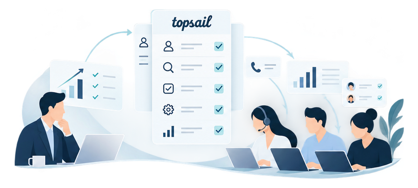 Topsail connects sales team workflows, account insights, and leadership reporting.